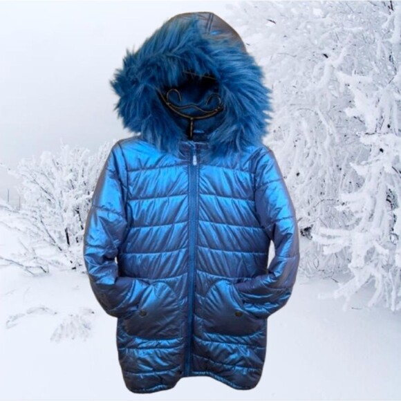 Vince Camuto Metallic Blue Hooded Puffer Jacket Winter Coat - Picture 1 of 16